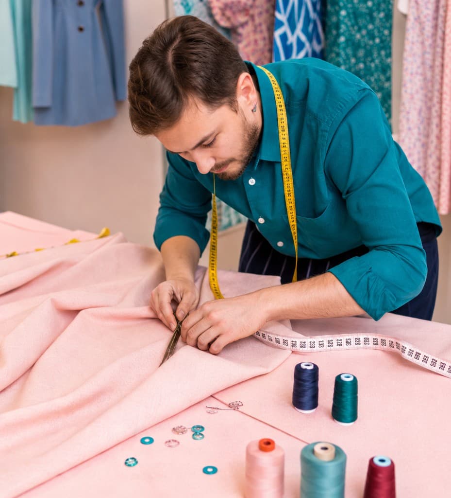 Tailor cutting pink fabric with measuring tools