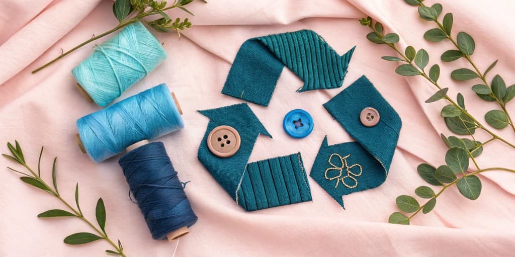 Thread spools and fabric scraps arranged as a recycling symbol on pink textile